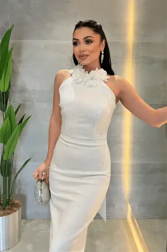 Satin Fabric Pearl Detailed Halter Neck Pencil Dress - WHITE - 4