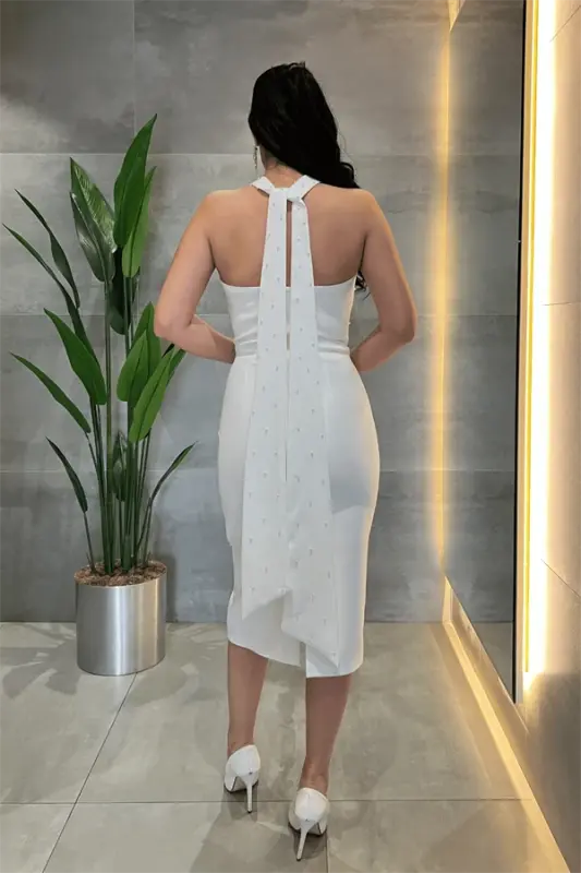 Satin Fabric Pearl Detailed Halter Neck Pencil Dress - WHITE - 5