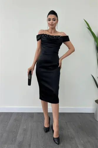 Satin Fabric Pearl Detailed Pencil Dress - BLACK - 1