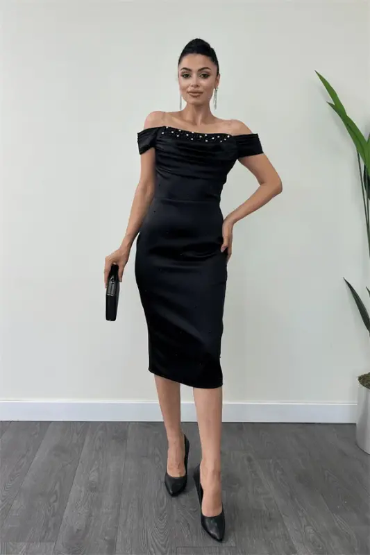 Satin Fabric Pearl Detailed Pencil Dress - BLACK - 1