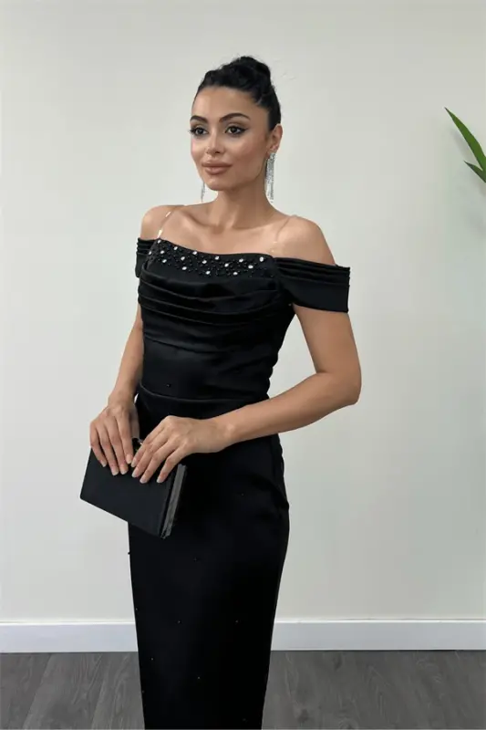 Satin Fabric Pearl Detailed Pencil Dress - BLACK - 4