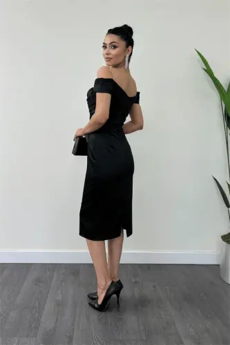 Satin Fabric Pearl Detailed Pencil Dress - BLACK - 5