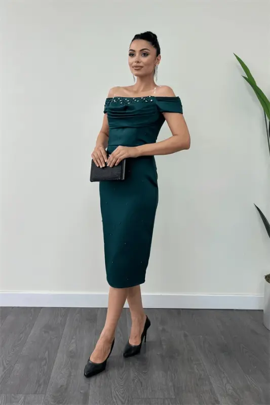 Satin Fabric Pearl Detailed Pencil Dress - EMERALD GREEN - BÜYÜKBEDENIZ
