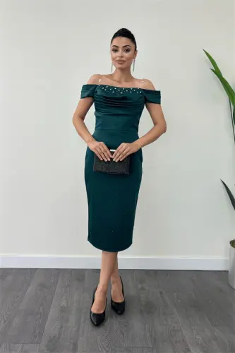 Satin Fabric Pearl Detailed Pencil Dress - EMERALD GREEN - BÜYÜKBEDENIZ (1)