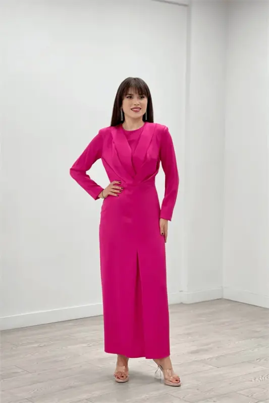 Satin Fabric Pleated Detail Modest Evening Dress - FUCHSIA - BÜYÜKBEDENIZ