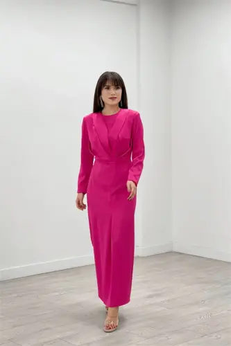 Satin Fabric Pleated Detail Modest Evening Dress - FUCHSIA - 2