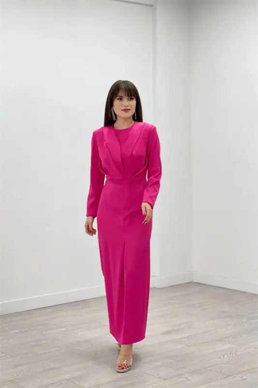 Satin Fabric Pleated Detail Modest Evening Dress - FUCHSIA - 2