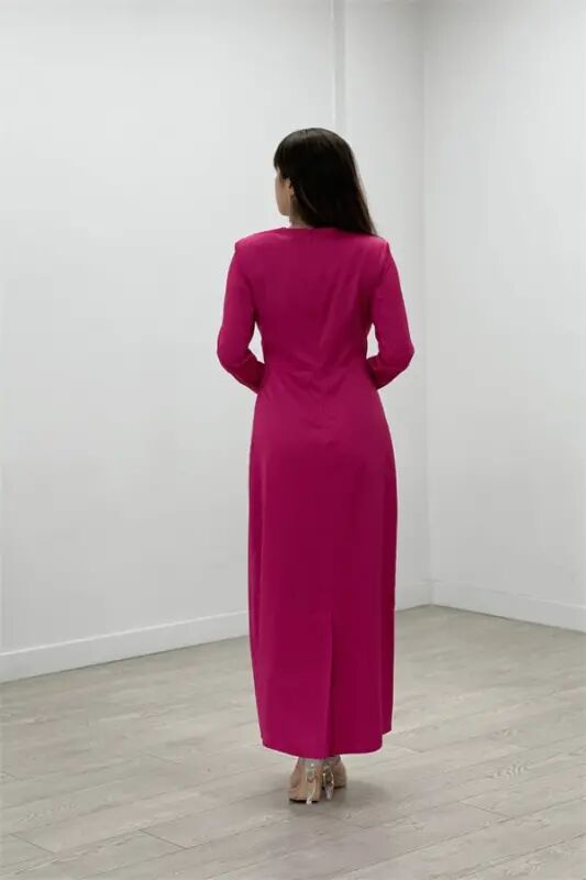 Satin Fabric Pleated Detail Modest Evening Dress - FUCHSIA - 5