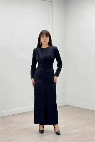 Satin Fabric Pleated Detailed Modest Evening Dress - BLACK - 1