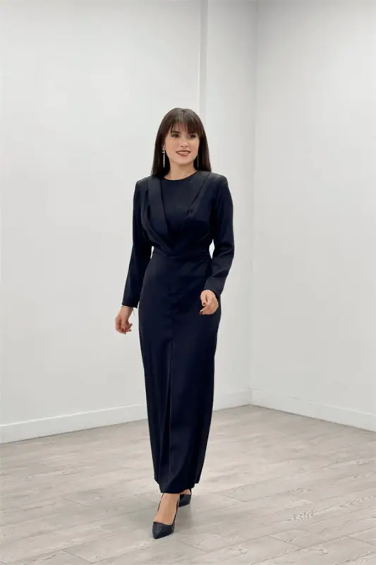 Satin Fabric Pleated Detailed Modest Evening Dress - BLACK - 2