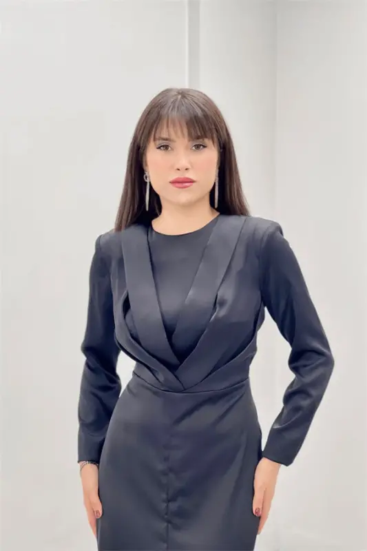 Satin Fabric Pleated Detailed Modest Evening Dress - BLACK - 4