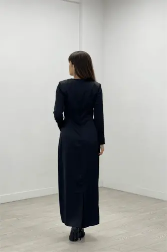 Satin Fabric Pleated Detailed Modest Evening Dress - BLACK - 5