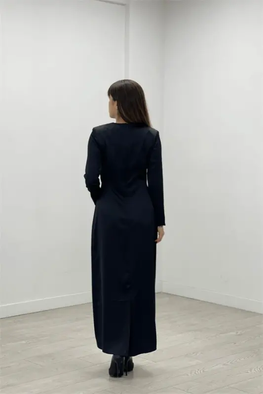 Satin Fabric Pleated Detailed Modest Evening Dress - BLACK - 5