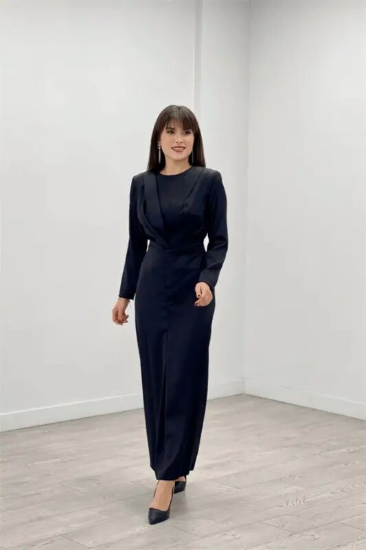 Satin Fabric Pleated Detailed Modest Evening Dress - BLACK - 2