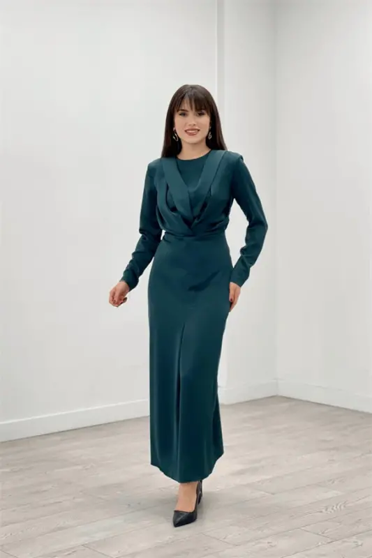 Satin Fabric Pleated Detailed Modest Evening Dress - EMERALD GREEN - 1