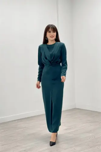 Satin Fabric Pleated Detailed Modest Evening Dress - EMERALD GREEN - BÜYÜKBEDENIZ (1)