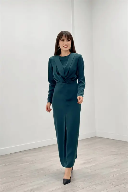 Satin Fabric Pleated Detailed Modest Evening Dress - EMERALD GREEN - 2
