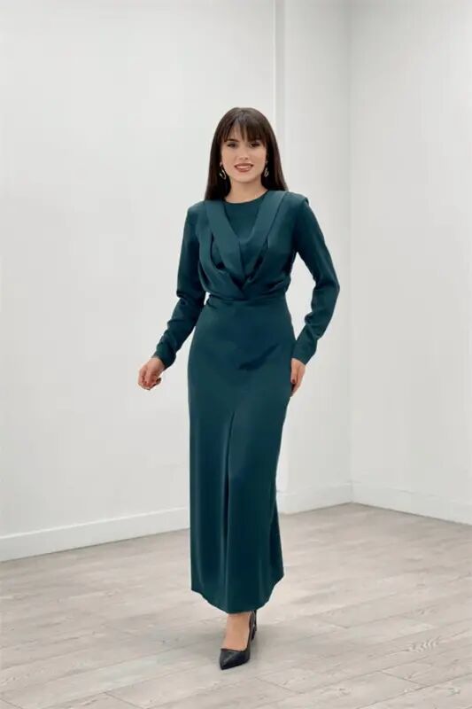 Satin Fabric Pleated Detailed Modest Evening Dress - EMERALD GREEN - BÜYÜKBEDENIZ