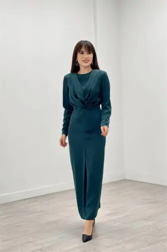 Satin Fabric Pleated Detailed Modest Evening Dress - EMERALD GREEN - BÜYÜKBEDENIZ (1)