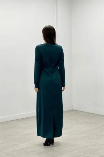 Satin Fabric Pleated Detailed Modest Evening Dress - EMERALD GREEN - 5
