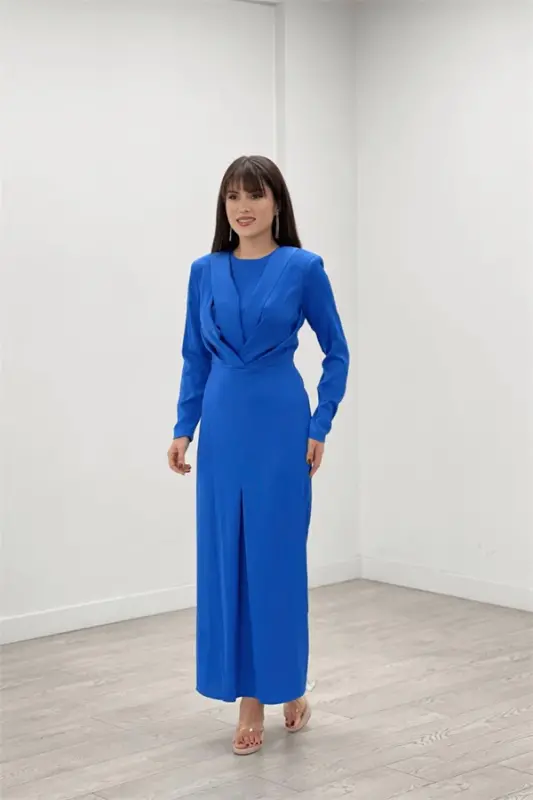 Satin Fabric Pleated Detailed Modest Evening Dress - SAXE BLUE - BÜYÜKBEDENIZ