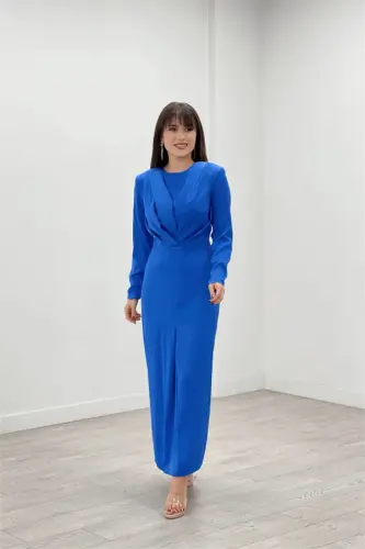 Satin Fabric Pleated Detailed Modest Evening Dress - SAXE BLUE - 2