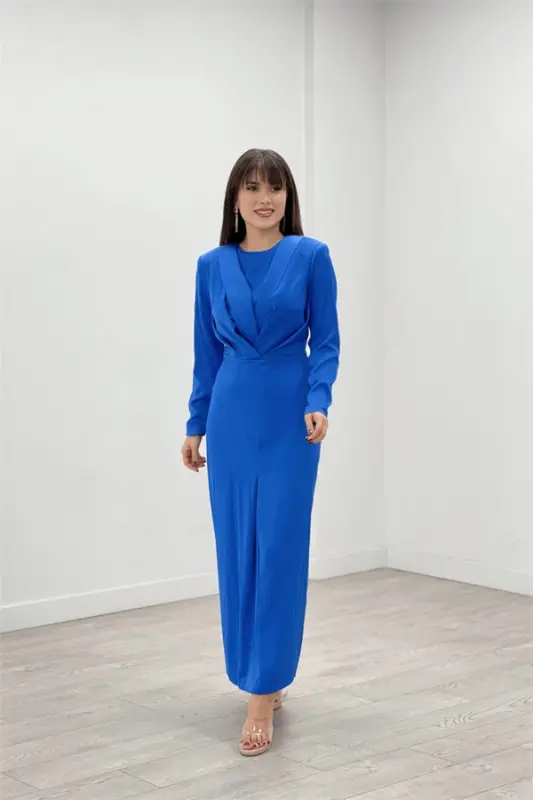 Satin Fabric Pleated Detailed Modest Evening Dress - SAXE BLUE - 2