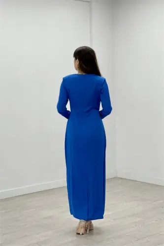 Satin Fabric Pleated Detailed Modest Evening Dress - SAXE BLUE - 5