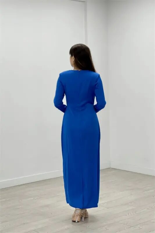 Satin Fabric Pleated Detailed Modest Evening Dress - SAXE BLUE - 5
