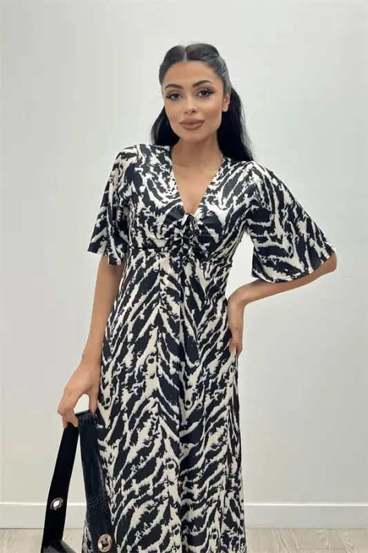 Satin Fabric Ruched Bust Detail Dress - BLACK - BÜYÜKBEDENIZ