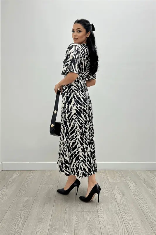 Satin Fabric Ruched Bust Detail Dress - BLACK - 5