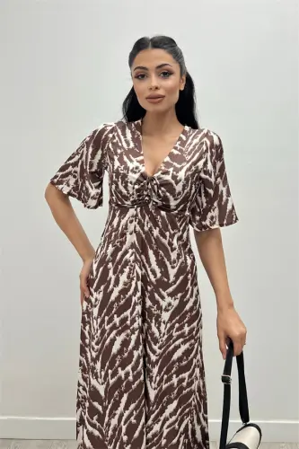 Satin Fabric Ruched Bust Detail Dress - BROWN - BÜYÜKBEDENIZ (1)