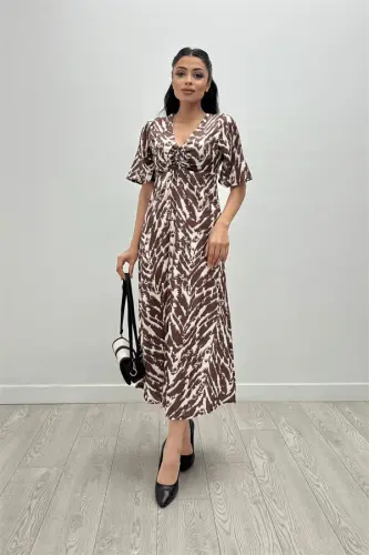 Satin Fabric Ruched Bust Detail Dress - BROWN - 3