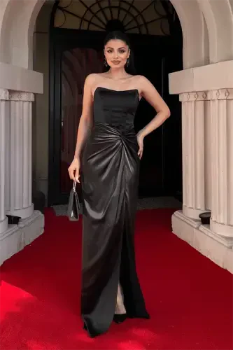 Satin Fabric Ruched Detail Strapless Evening Dress - BLACK - 1