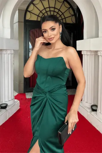 Satin Fabric Ruched Detail Strapless Evening Dress - EMERALD GREEN - 4