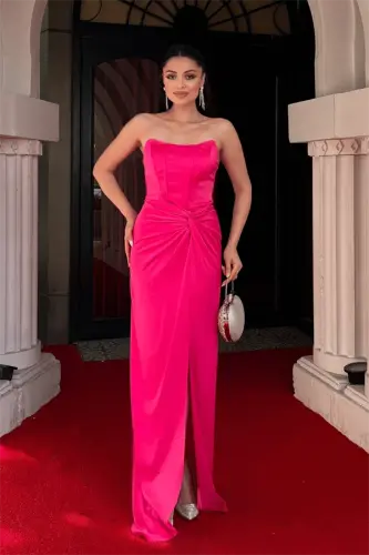 Satin Fabric Ruched Detail Strapless Evening Dress - FUCHSIA - 1