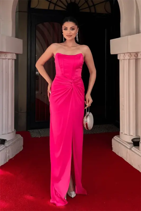 Satin Fabric Ruched Detail Strapless Evening Dress - FUCHSIA - 1