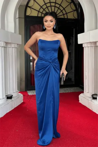 Satin Fabric Ruched Detail Strapless Evening Dress - SAPPHIRE BLUE - 1