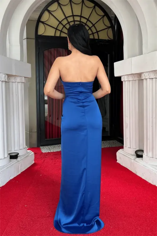 Satin Fabric Ruched Detail Strapless Evening Dress - SAPPHIRE BLUE - 7