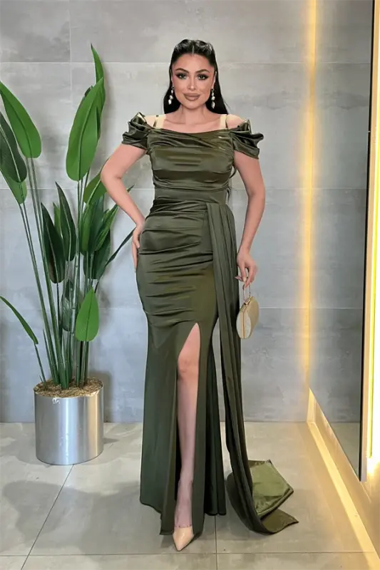 Satin Fabric Ruched Shawl Detail Evening Dress - KHAKI GREEN - BÜYÜKBEDENIZ