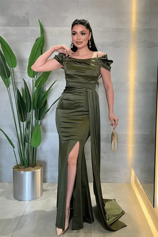 Satin Fabric Ruched Shawl Detail Evening Dress - KHAKI GREEN - 2