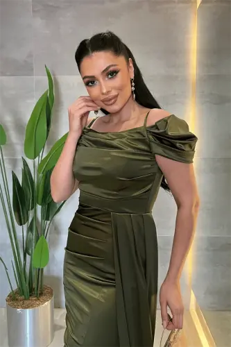 Satin Fabric Ruched Shawl Detail Evening Dress - KHAKI GREEN - 3