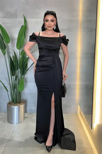 Satin Fabric Ruched Shawl Detailed Evening Dress - BLACK - 1