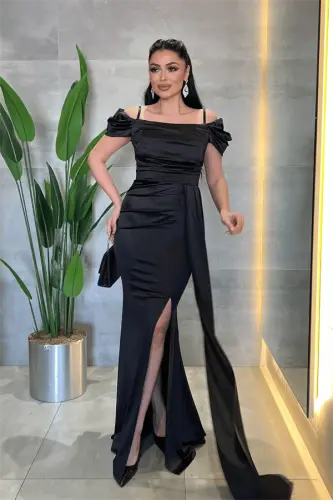 Satin Fabric Ruched Shawl Detailed Evening Dress - BLACK - 2