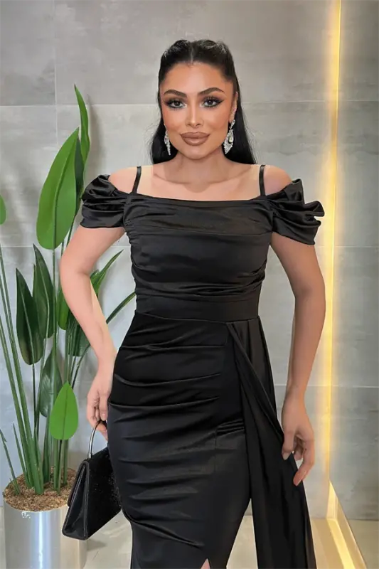 Satin Fabric Ruched Shawl Detailed Evening Dress - BLACK - 4