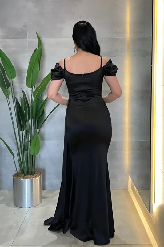 Satin Fabric Ruched Shawl Detailed Evening Dress - BLACK - 5