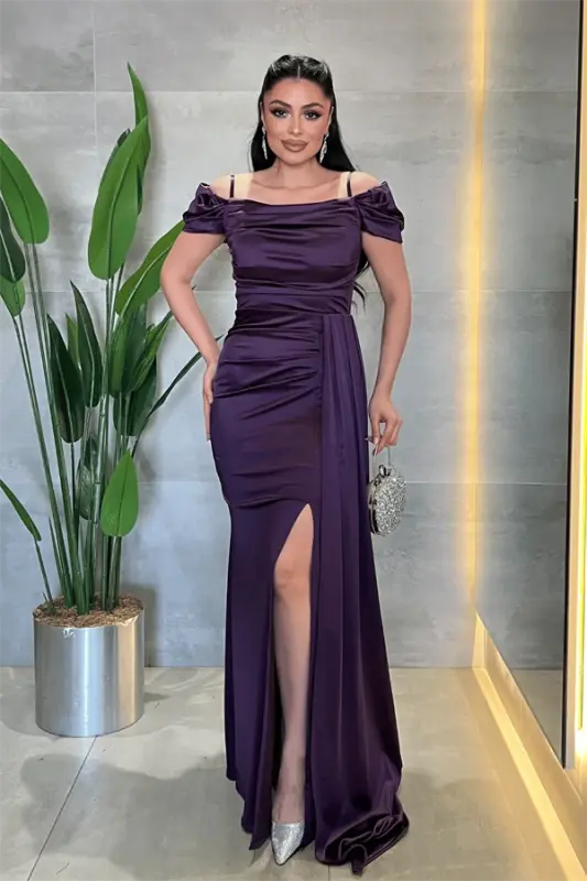 Satin Fabric Ruched Shawl Detailed Evening Dress - EGGPLANT PURPLE - BÜYÜKBEDENIZ
