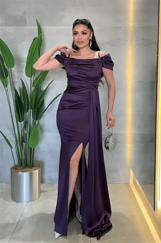 Satin Fabric Ruched Shawl Detailed Evening Dress - EGGPLANT PURPLE - 2