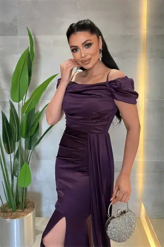 Satin Fabric Ruched Shawl Detailed Evening Dress - EGGPLANT PURPLE - 4