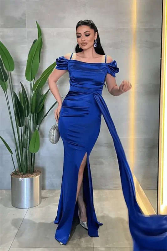 Satin Fabric Ruched Shawl Detailed Evening Dress - SAX BLUE - 2